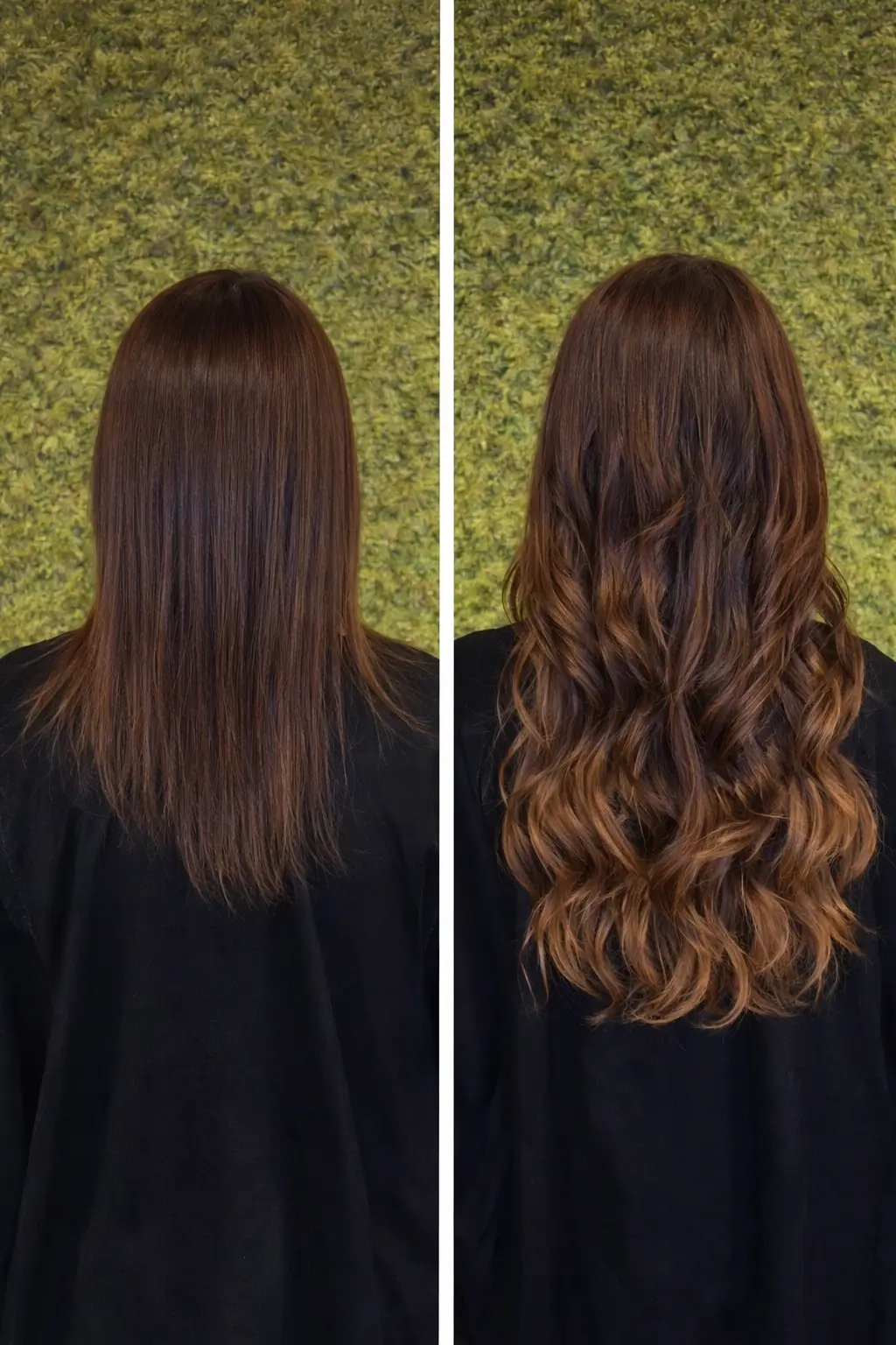 Side-by-side comparison showing the back of a woman's head before and after styling; left: straight brown hair, right: same hair with loose curls and added volume. - Asante Salon in Redmond, WA