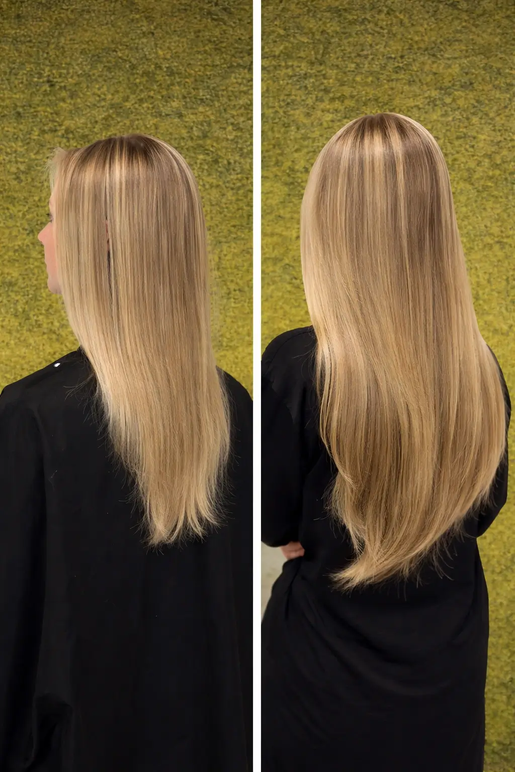 Side-by-side comparison of a woman’s blonde hair before and after a lengthening treatment, showing increased length and fullness in the after image, both against a green background. - Asante Salon in Redmond, WA