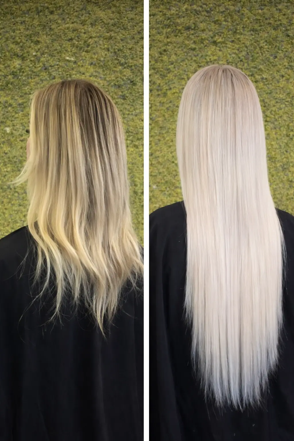 Side-by-side comparison showing a woman with shoulder-length wavy blonde hair on the left and long, straight platinum blonde hair on the right. - Asante Salon in Redmond, WA