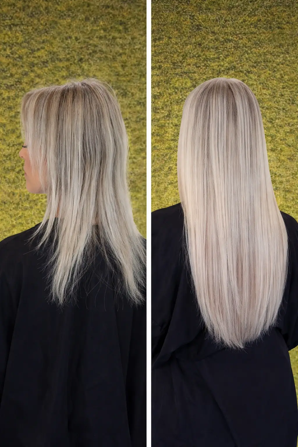 Side-by-side comparison of a person’s hair before and after extensions, showing shorter, uneven hair on the left and long, smooth, straight blonde hair on the right. - Asante Salon in Redmond, WA